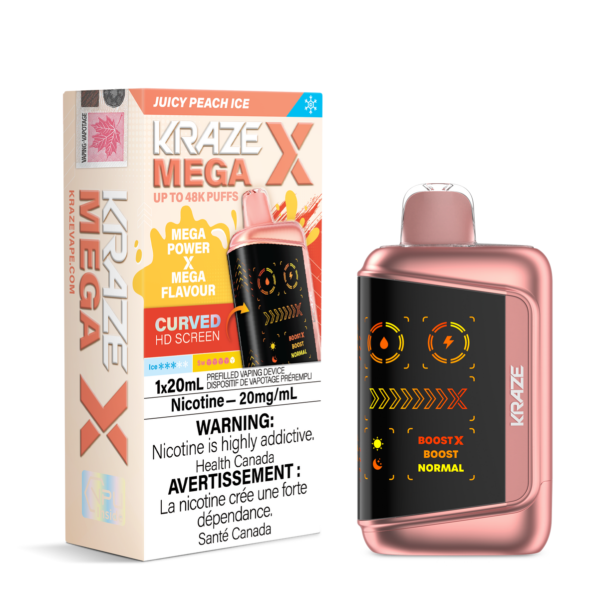 Kraze Mega X 48K Puff Disposable Vape. Juicy Peach Ice