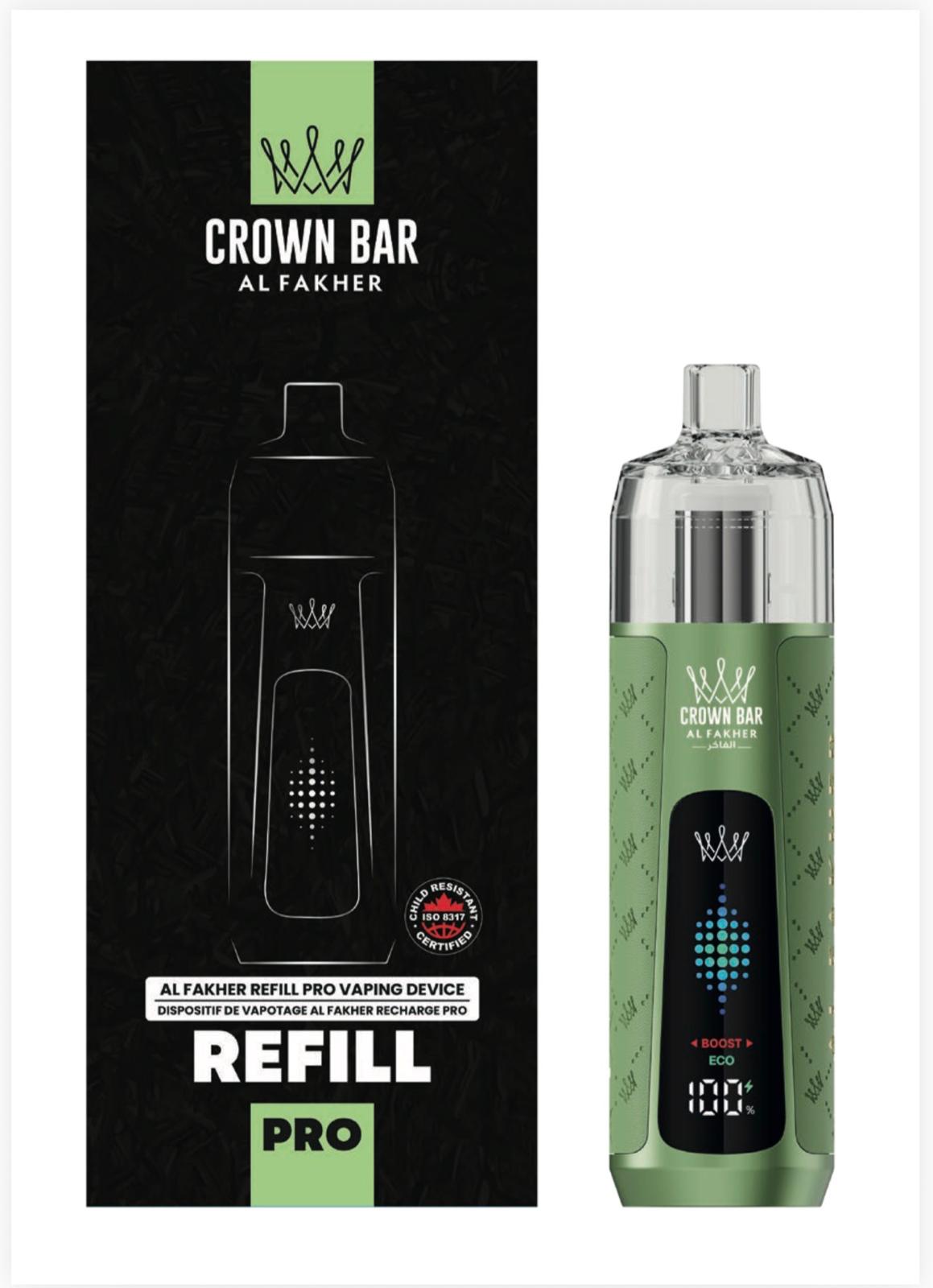 Al Fakher Refill Pro Device Kit Green with open fill tank and illuminated display