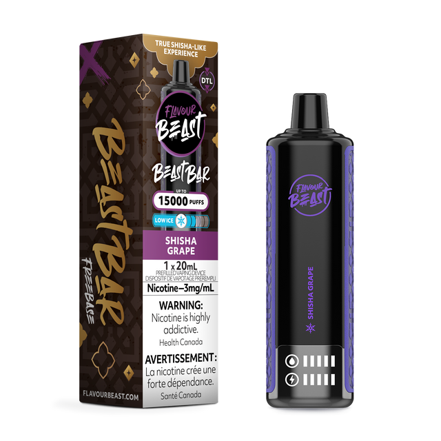 Shisha Grape - Flavour Beast Beast Bar Disposable Vape, 15,000 puffs, 3mg/ml nicotine strength, 20ml e-liquid capacity.