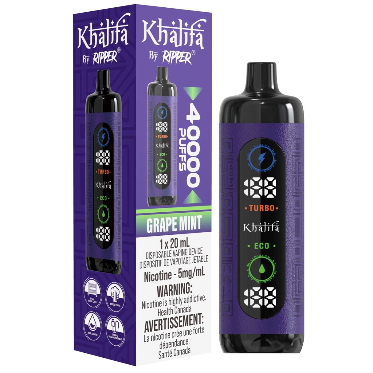 Khalifa Bar by Ripper Grape Mint flavour - premium hookah vape with 40,000 puffs, blending juicy grape and refreshing mint for a revitalizing experience.