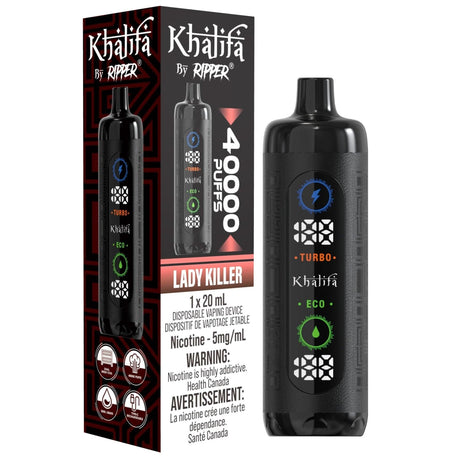 Khalifa Bar by Ripper Lady Killer flavour - tropical fruits with a refreshing mint twist, offering 40,000 puffs of premium hookah vaping experience.