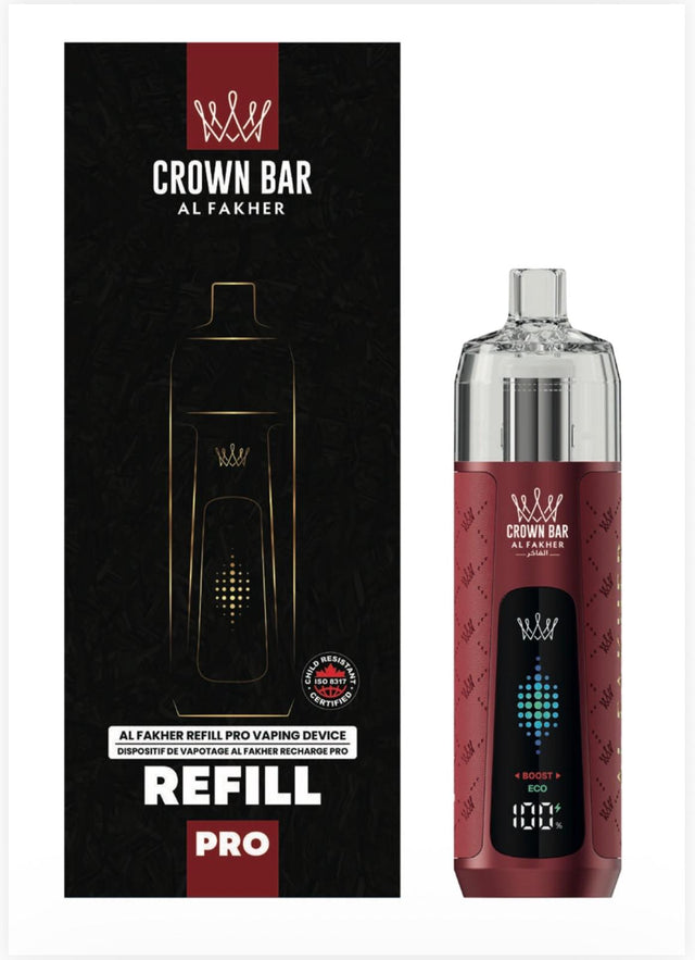 Al Fakher Refill Pro Device Kit Crimson Red with illuminated display, open fill tank, and mesh coil technology