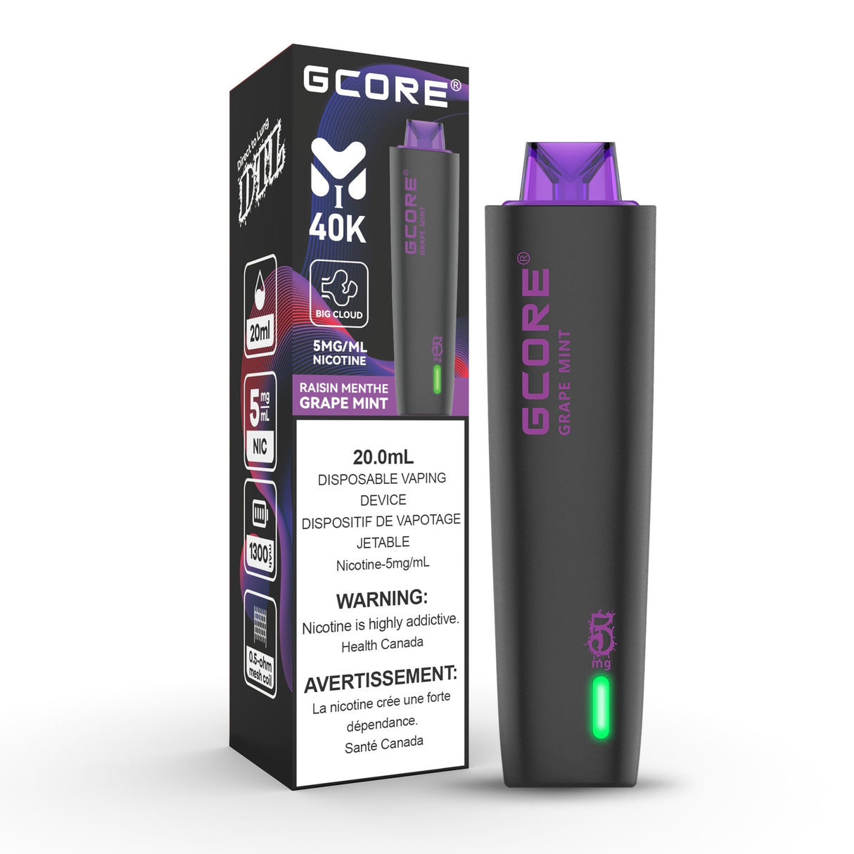 Grape mint - GCORE Hookah Disposable Vaping Device - 40K Puffs - 5mg/ml nicotine - 20ml e-liquid - DTL