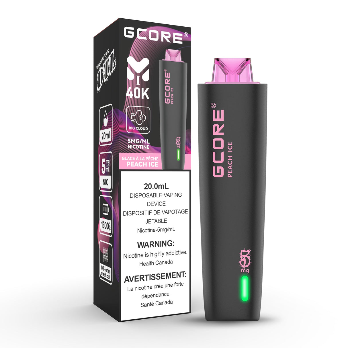 Peach ice - GCORE Hookah Disposable Vaping Device - 40K Puffs - 5mg/ml nicotine - 20ml e-liquid - DTL